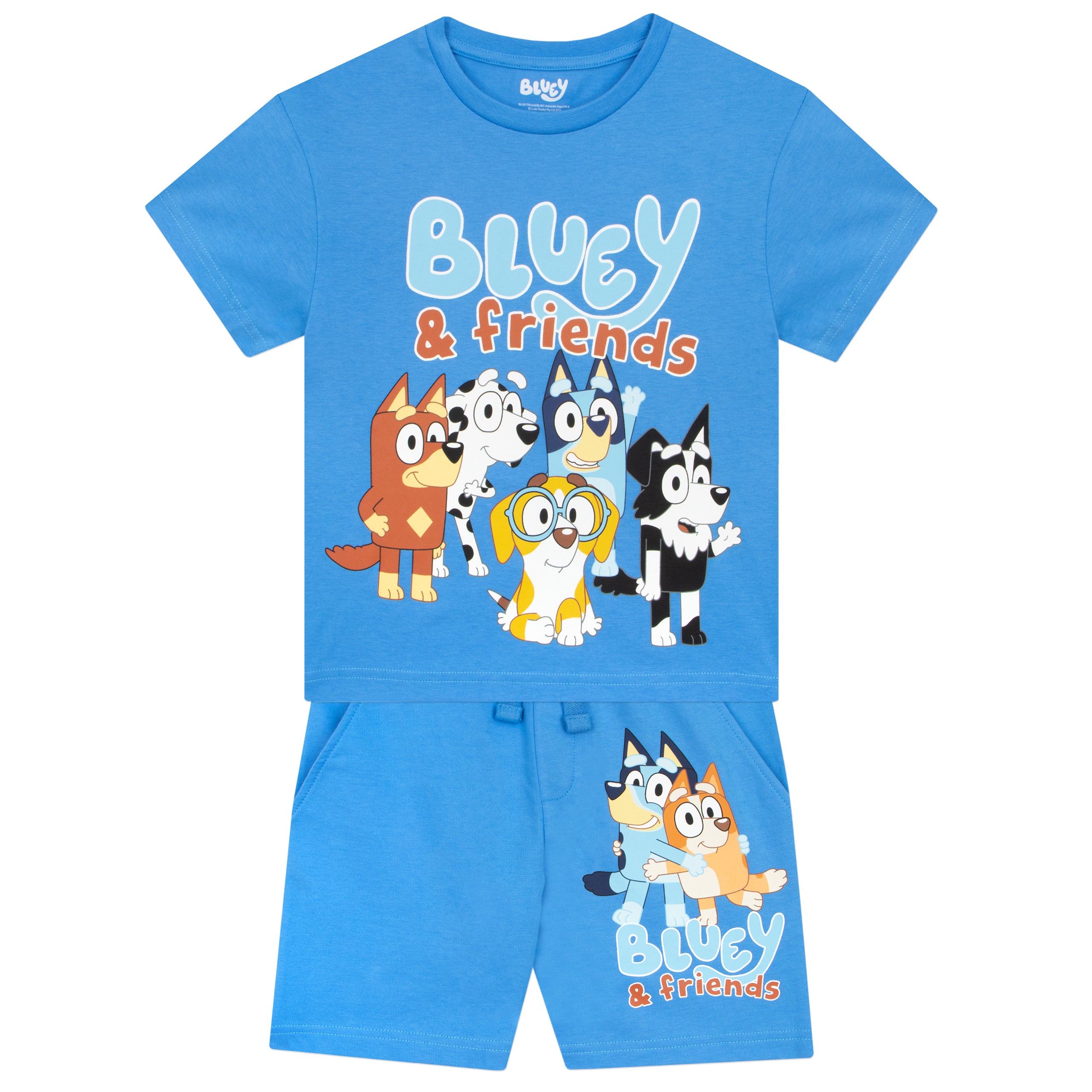 Bluey & friends blue short sleeve top and shorts set. Features Bluey, Bingo, Mackenzie,  Honey and  Chloe