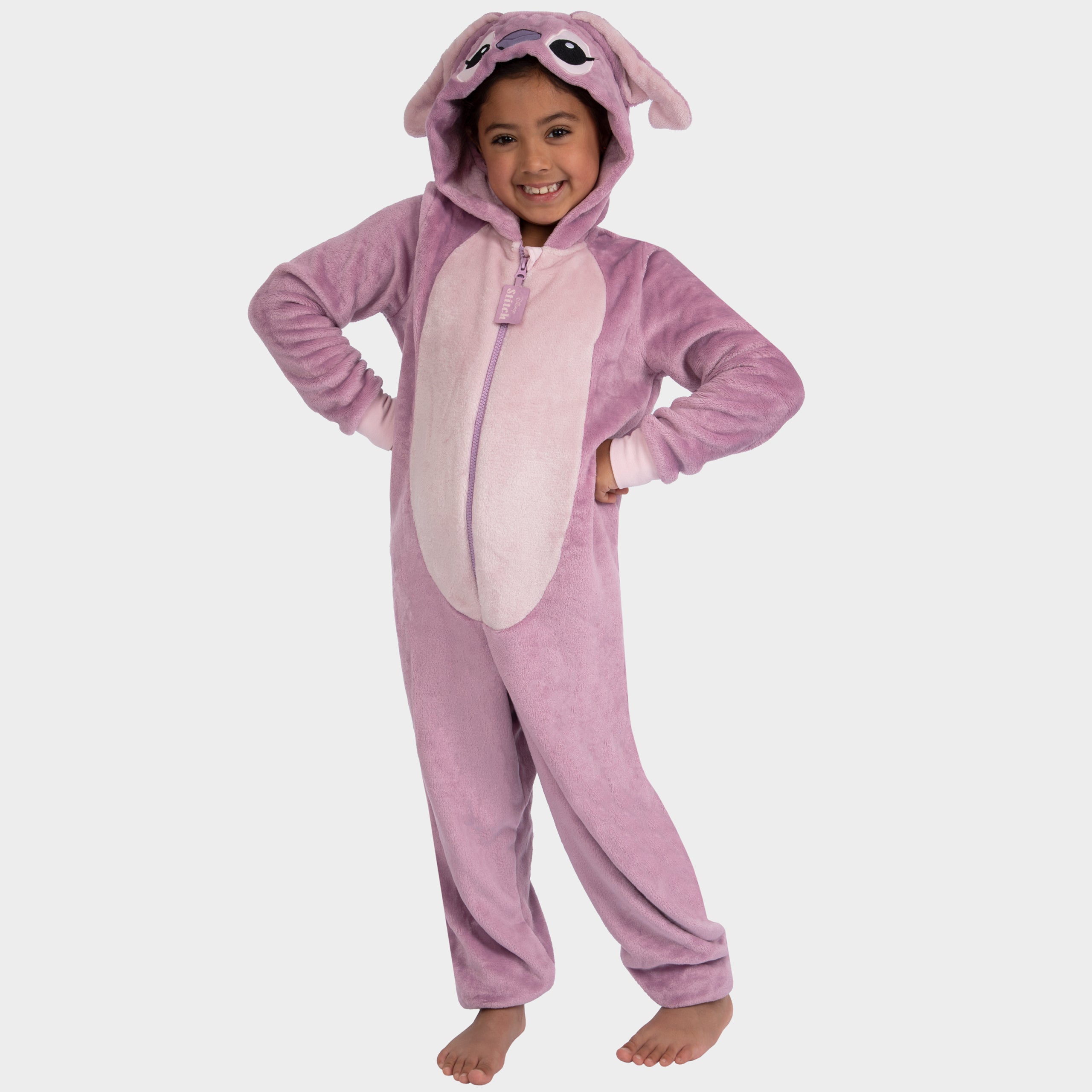 Girl wearing Lilo and Stitch Angel Onesie with Angel face hood